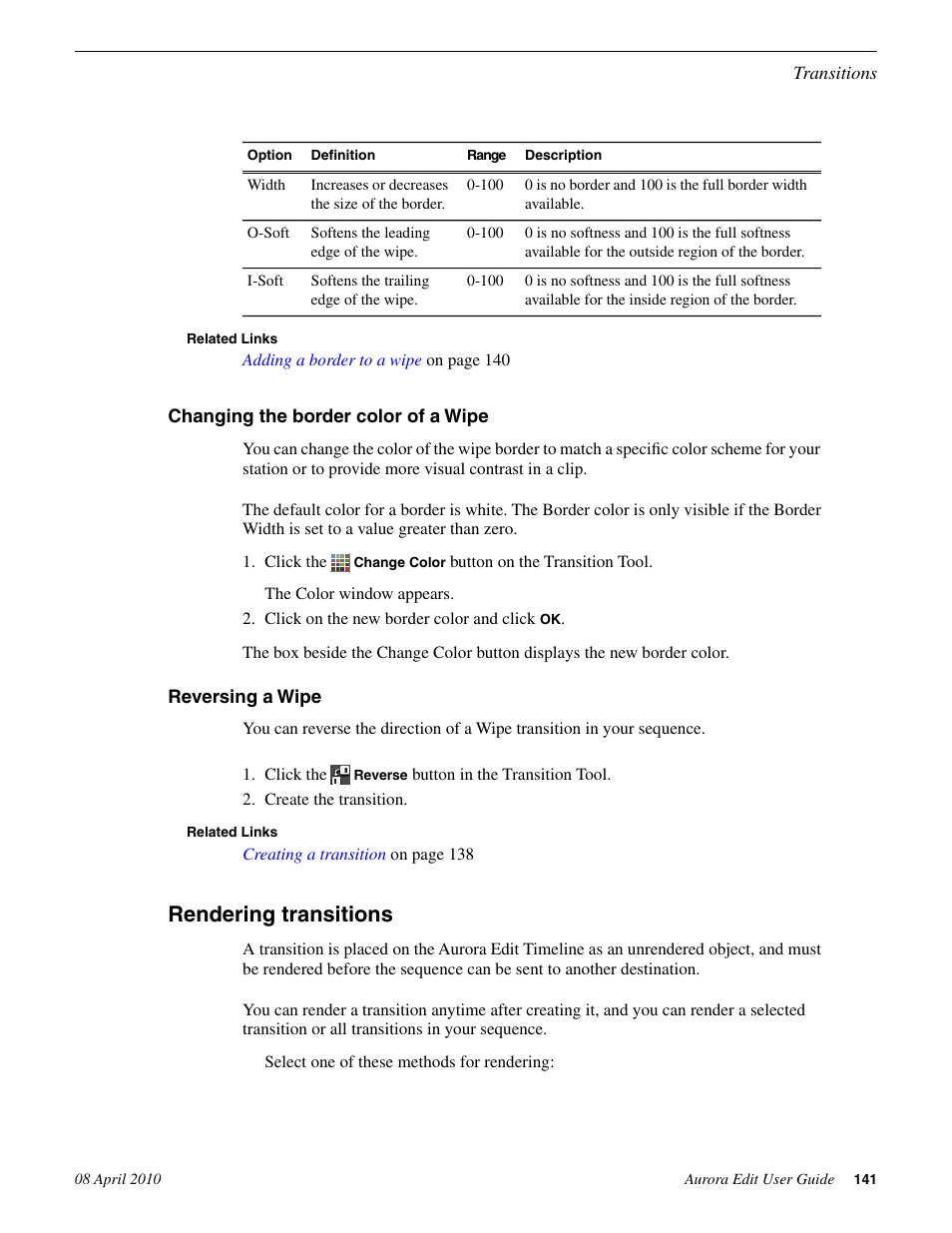 Changing the border color of a wipe, Reversing a wipe, Rendering transitions | Grass Valley Aurora Edit v.7.0 User Manual | Page 141 / 280