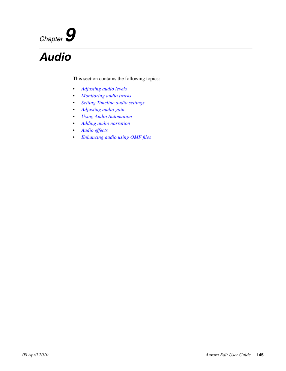 Audio, Chapter 9: audio | Grass Valley Aurora Edit v.7.0 User Manual | Page 145 / 280