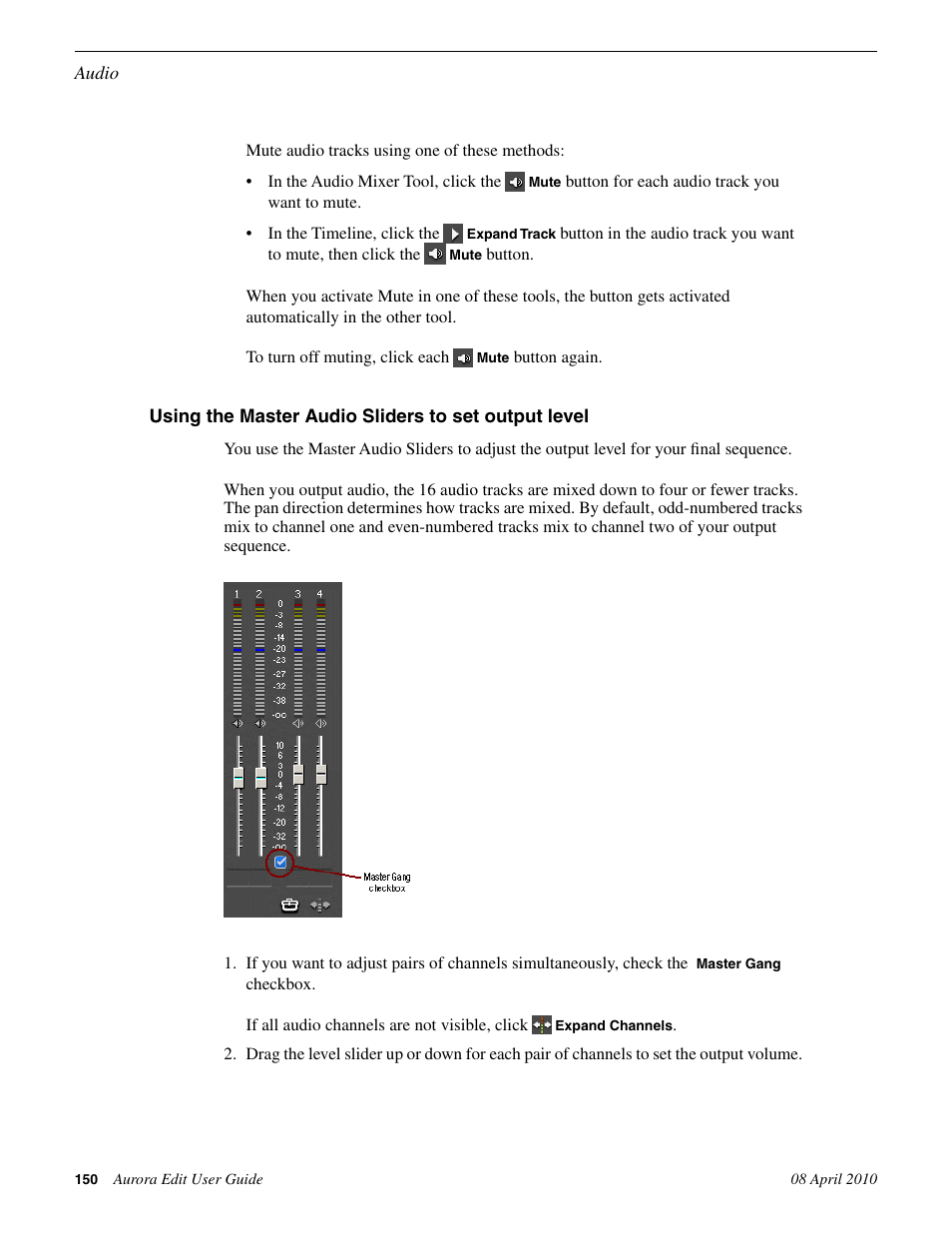 Using the master audio sliders to set output level | Grass Valley Aurora Edit v.7.0 User Manual | Page 150 / 280
