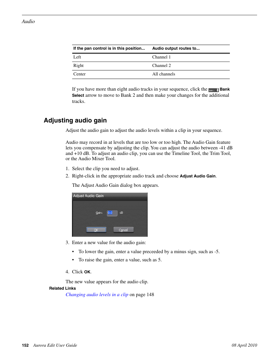 Adjusting audio gain | Grass Valley Aurora Edit v.7.0 User Manual | Page 152 / 280