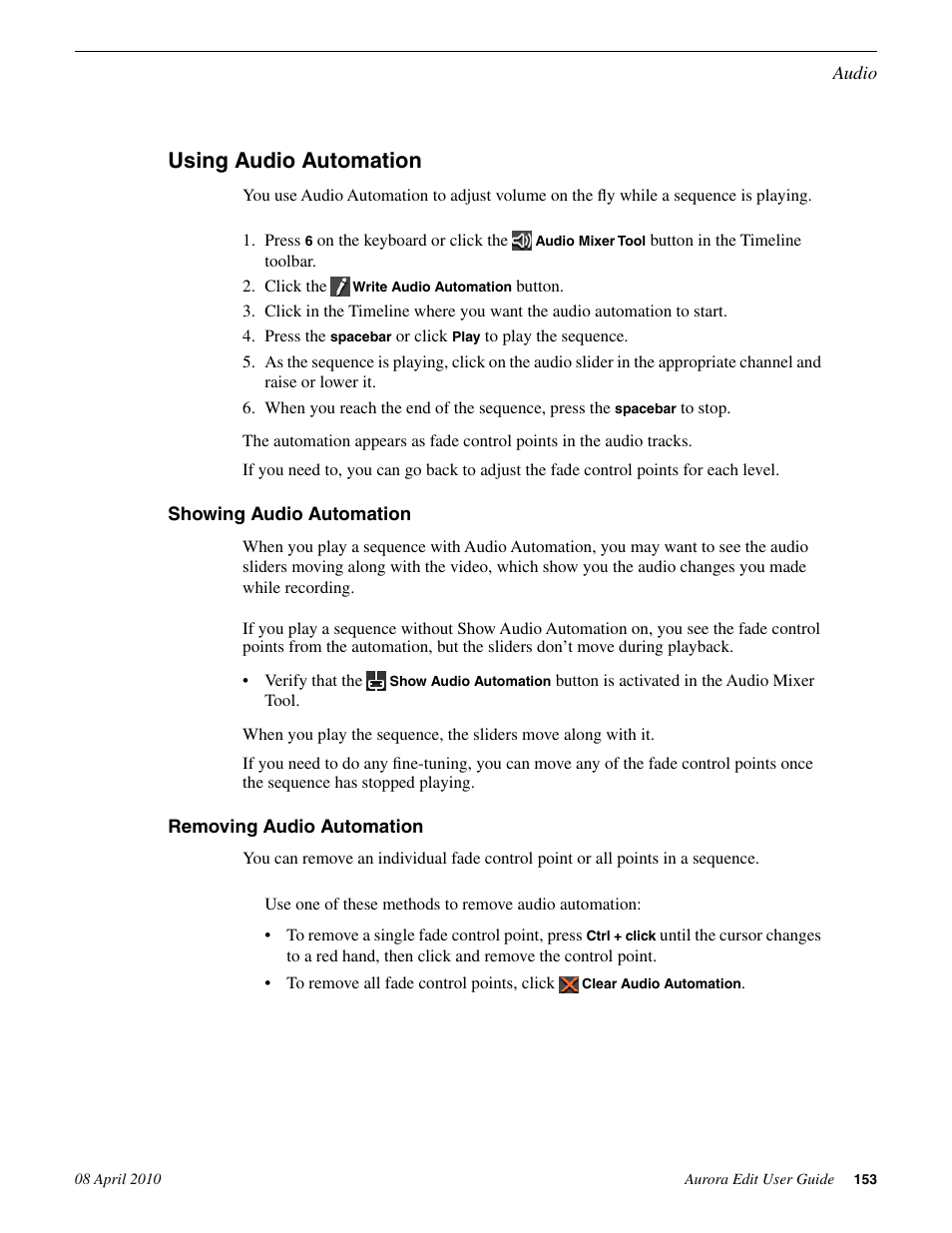 Using audio automation, Showing audio automation, Removing audio automation | Showing audio automation removing audio automation | Grass Valley Aurora Edit v.7.0 User Manual | Page 153 / 280
