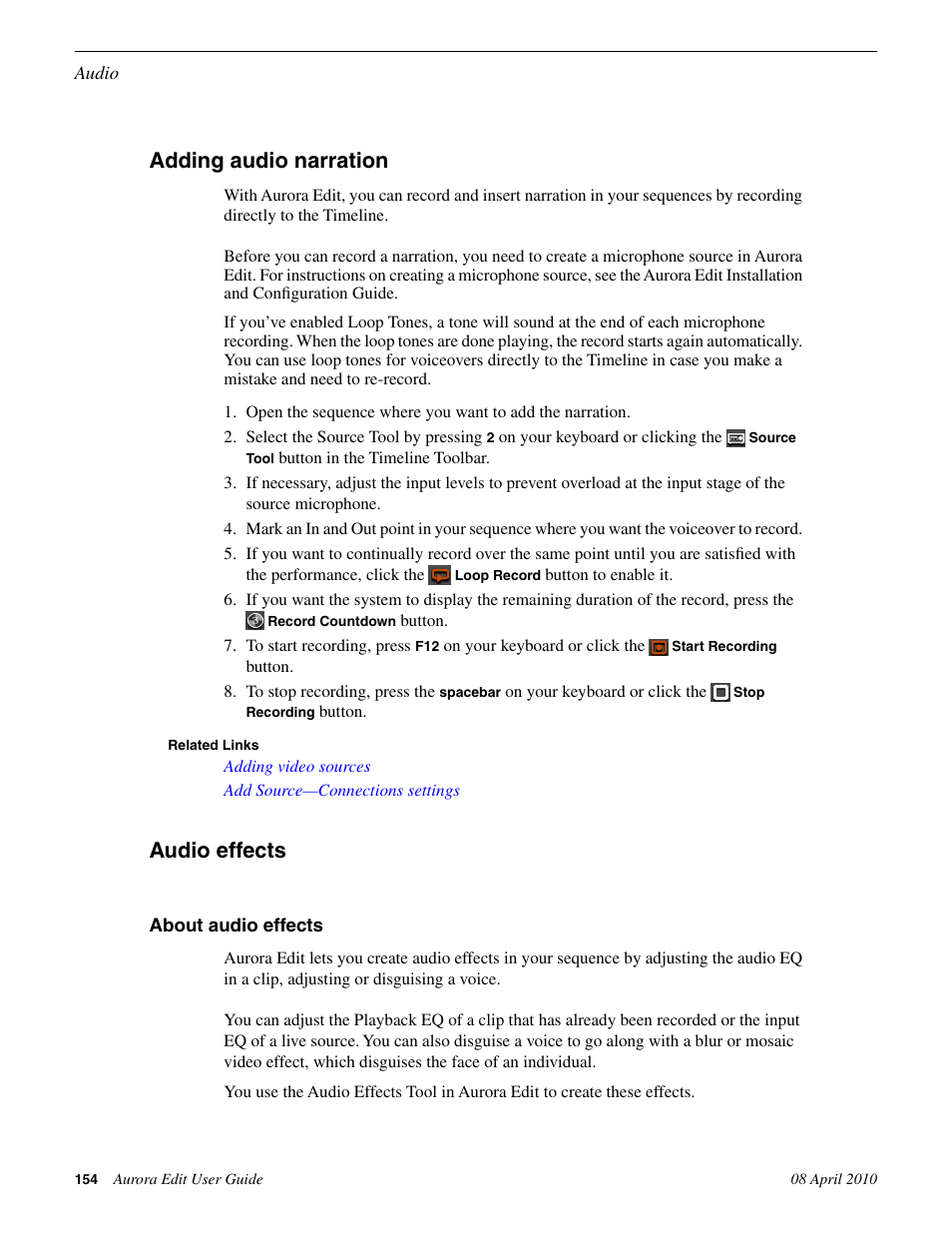 Adding audio narration, Audio effects, About audio effects | Adding audio narration audio effects | Grass Valley Aurora Edit v.7.0 User Manual | Page 154 / 280