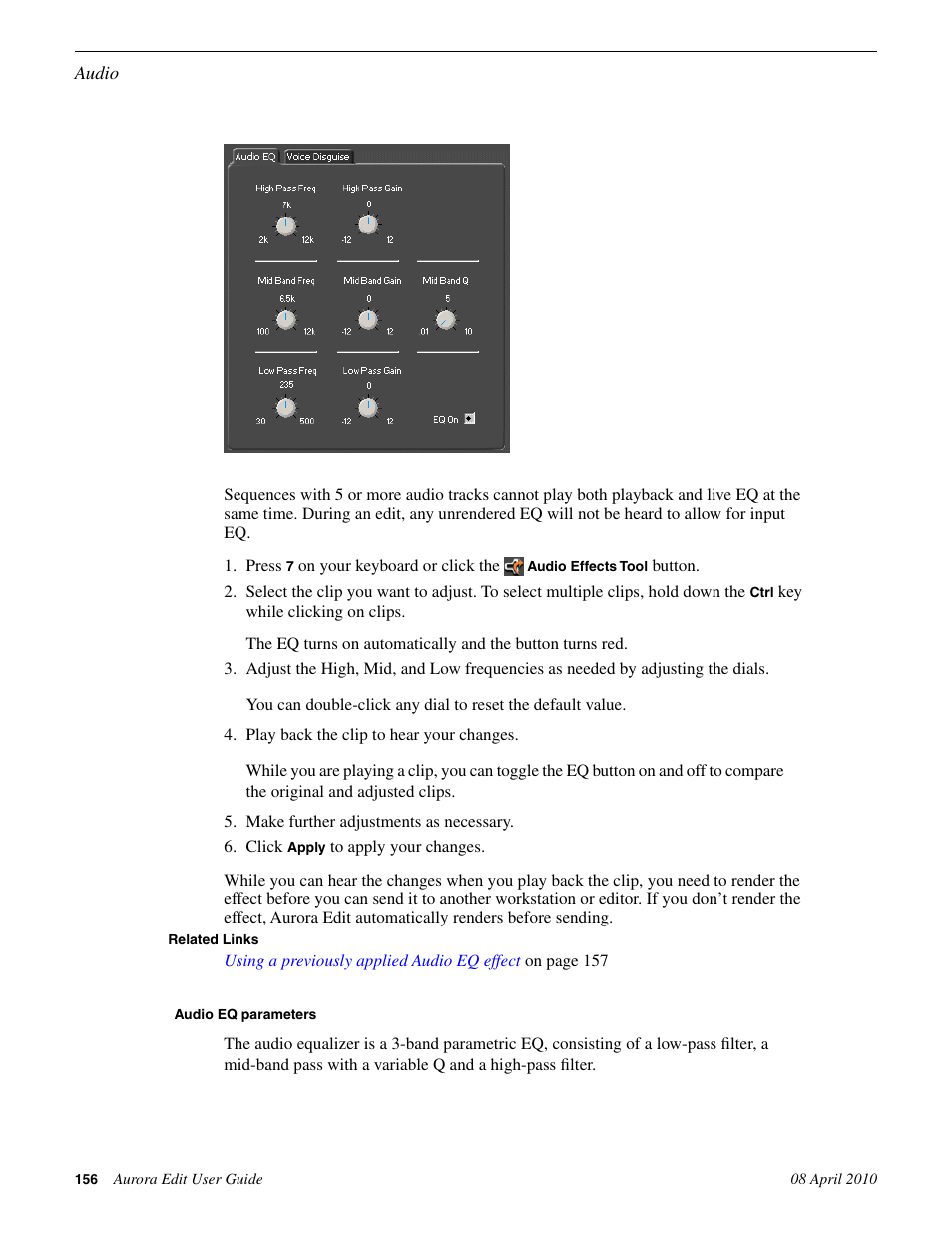 Audio eq parameters | Grass Valley Aurora Edit v.7.0 User Manual | Page 156 / 280