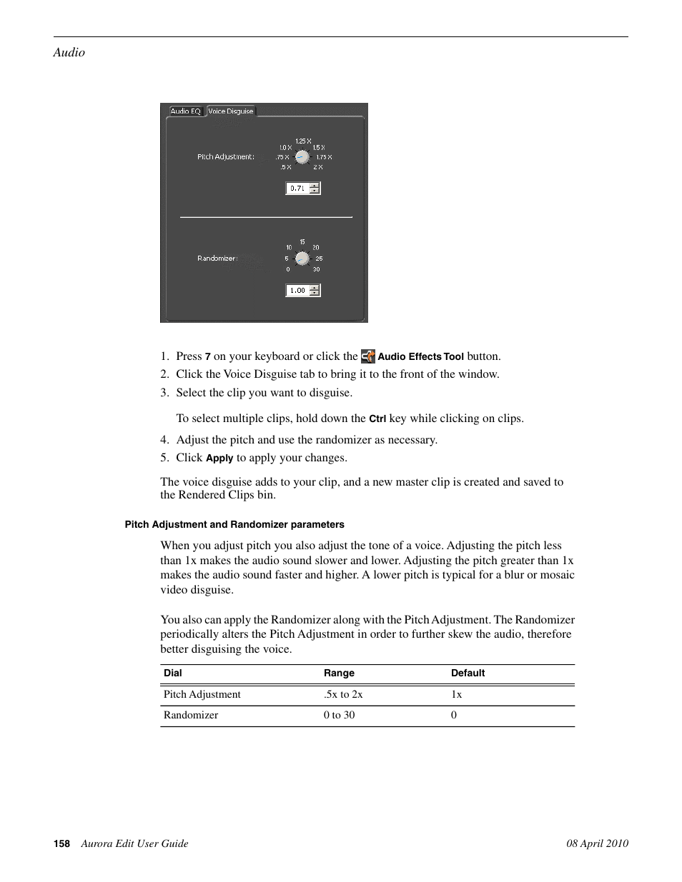Pitch adjustment and randomizer parameters | Grass Valley Aurora Edit v.7.0 User Manual | Page 158 / 280