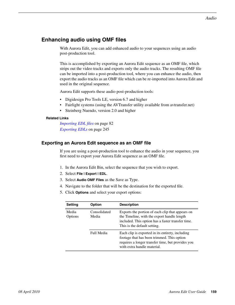 Enhancing audio using omf files, Exporting an aurora edit sequence as an omf file | Grass Valley Aurora Edit v.7.0 User Manual | Page 159 / 280