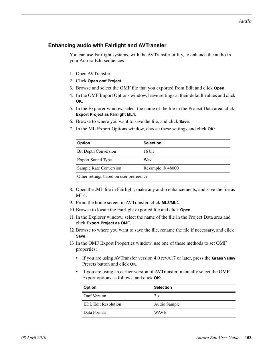 Enhancing audio with fairlight and avtransfer | Grass Valley Aurora Edit v.7.0 User Manual | Page 163 / 280