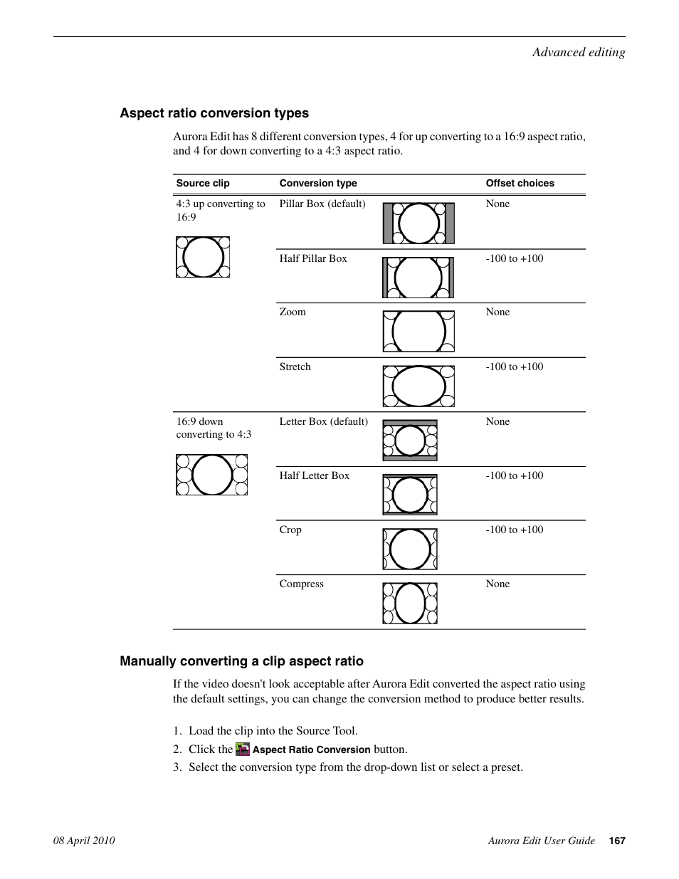 Aspect ratio conversion types, Manually converting a clip aspect ratio | Grass Valley Aurora Edit v.7.0 User Manual | Page 167 / 280