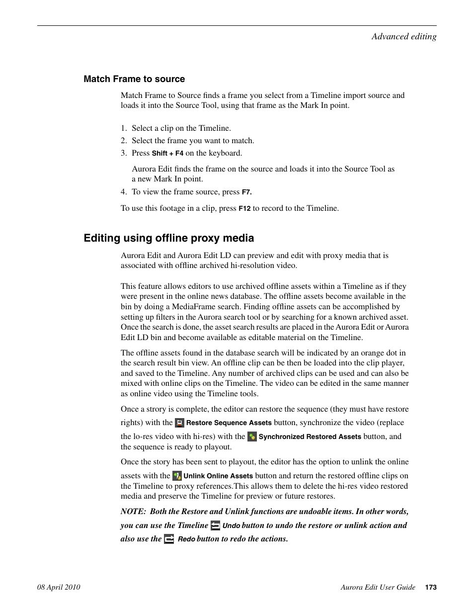 Match frame to source, Editing using offline proxy media | Grass Valley Aurora Edit v.7.0 User Manual | Page 173 / 280
