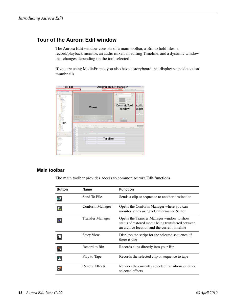 Tour of the aurora edit window, Main toolbar | Grass Valley Aurora Edit v.7.0 User Manual | Page 18 / 280