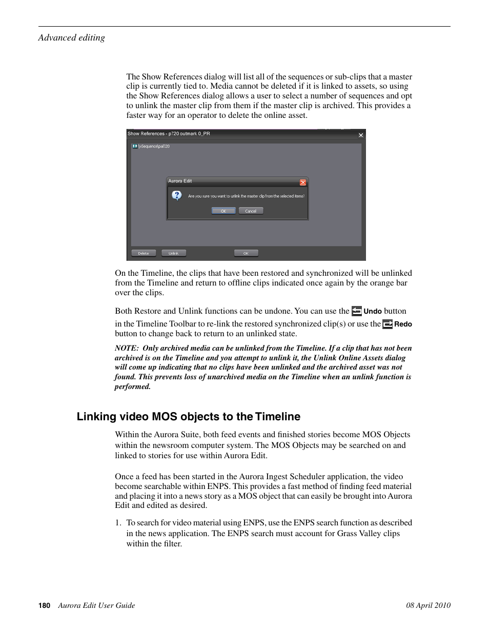 Linking video mos objects to the timeline | Grass Valley Aurora Edit v.7.0 User Manual | Page 180 / 280