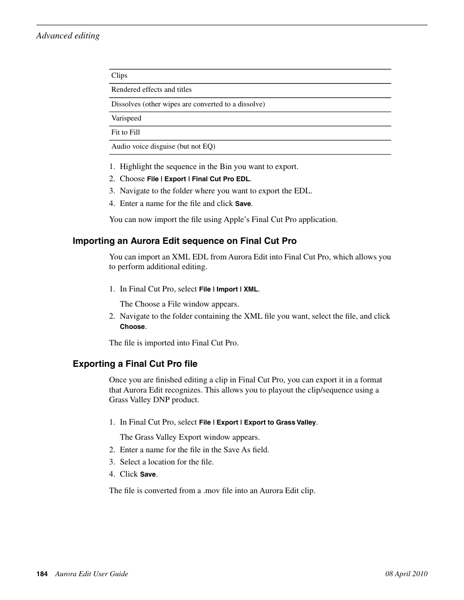 Importing an aurora edit sequence on final cut pro, Exporting a final cut pro file | Grass Valley Aurora Edit v.7.0 User Manual | Page 184 / 280