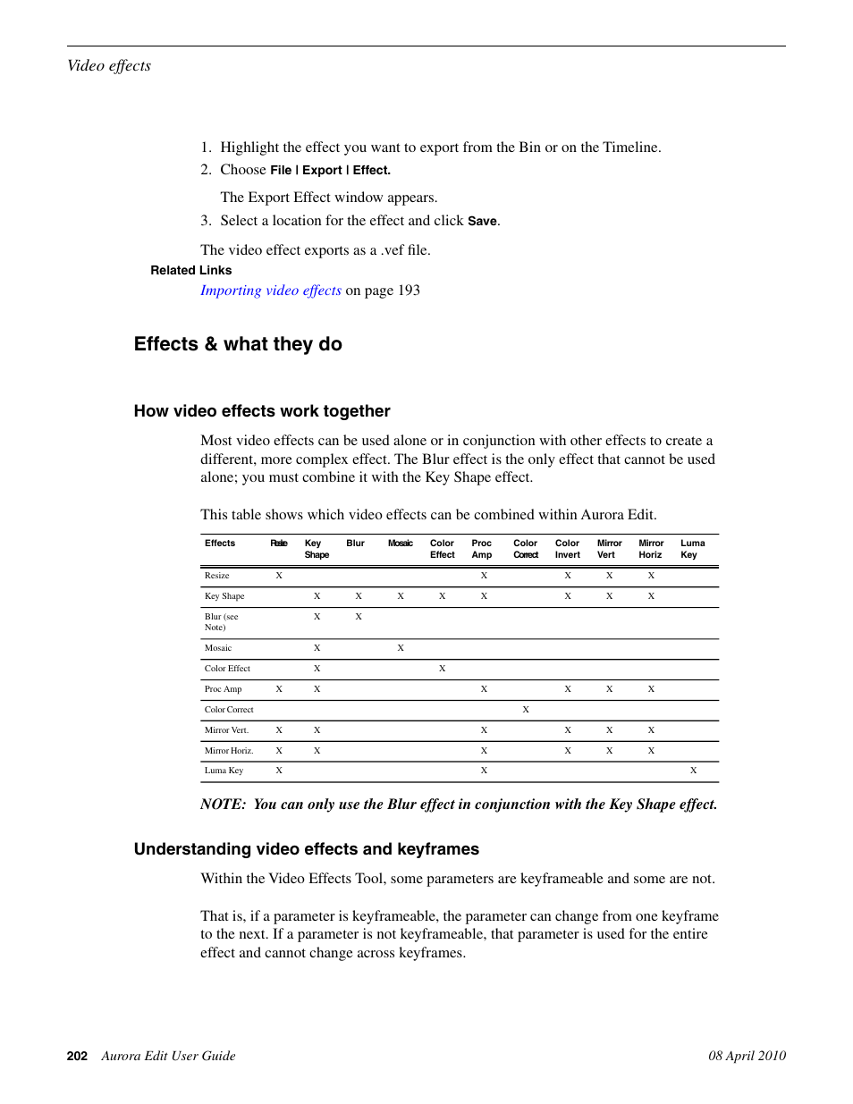 Effects & what they do, How video effects work together, Understanding video effects and keyframes | Video effects, The video effect exports as a .vef file, Importing video effects on page 193 | Grass Valley Aurora Edit v.7.0 User Manual | Page 202 / 280