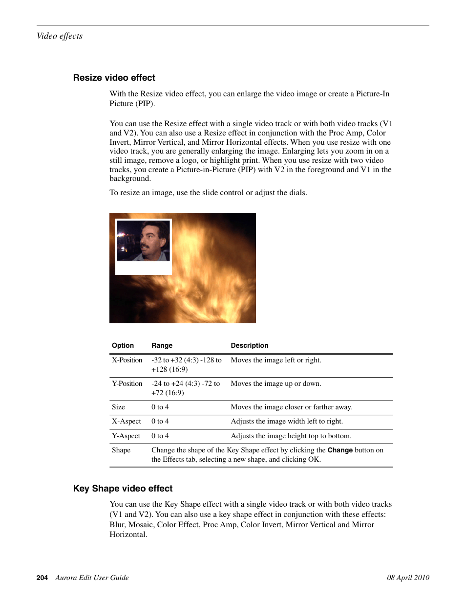 Resize video effect, Key shape video effect, Resize video effect key shape video effect | Grass Valley Aurora Edit v.7.0 User Manual | Page 204 / 280
