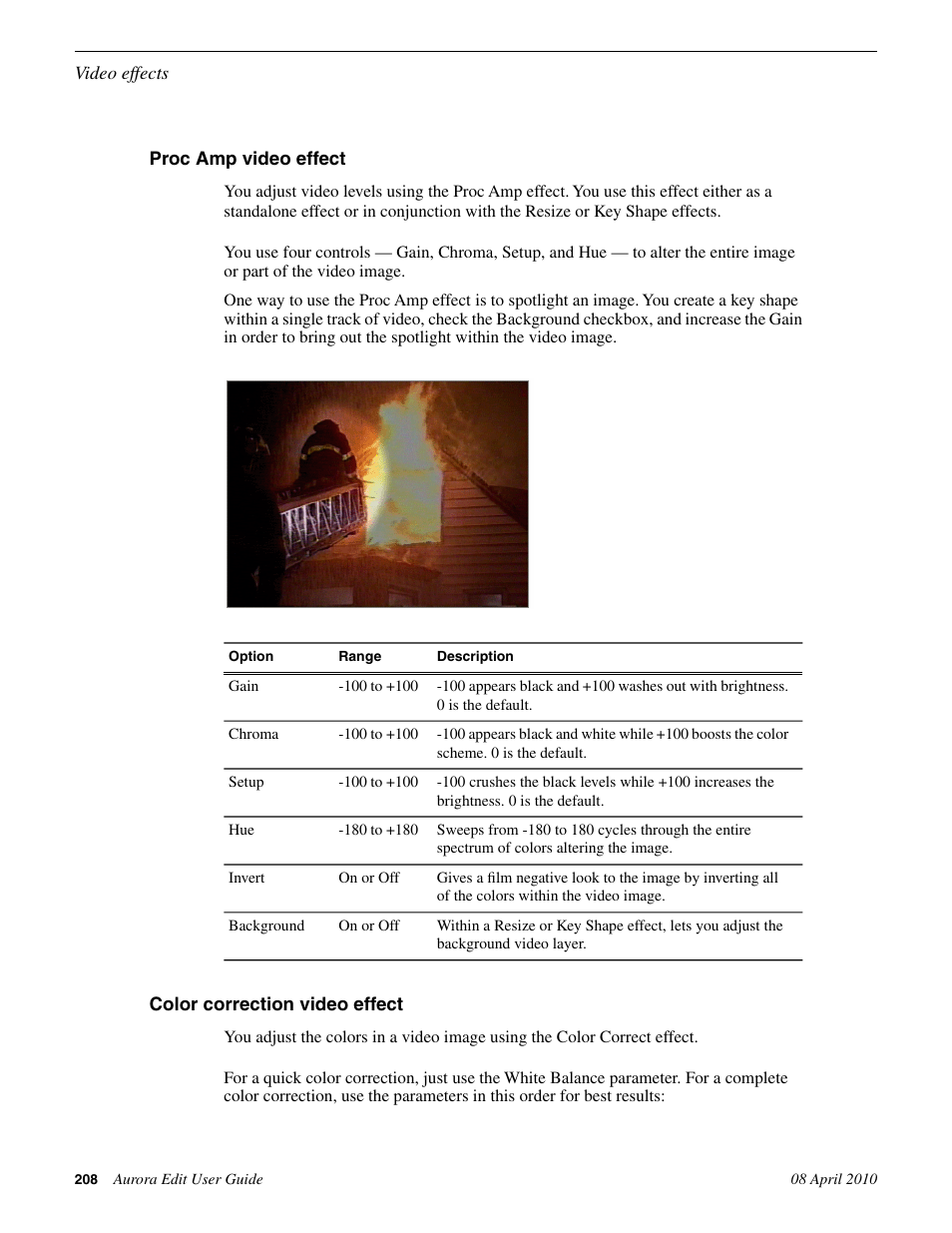 Proc amp video effect, Color correction video effect | Grass Valley Aurora Edit v.7.0 User Manual | Page 208 / 280