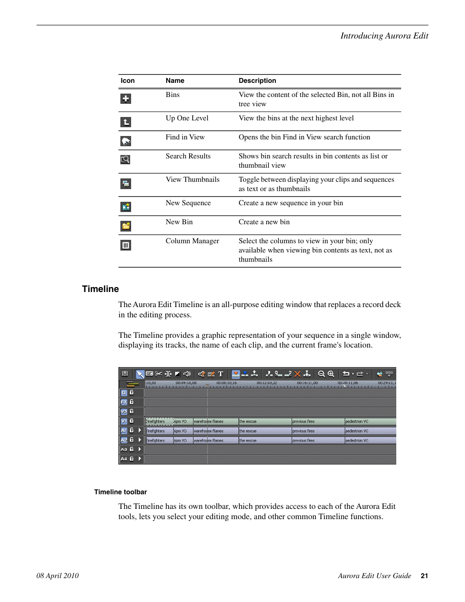 Timeline, Timeline toolbar | Grass Valley Aurora Edit v.7.0 User Manual | Page 21 / 280