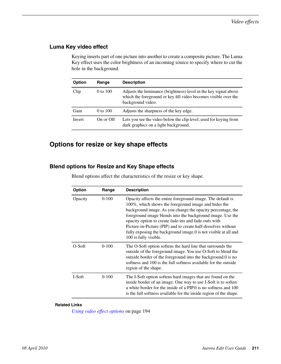 Luma key video effect, Options for resize or key shape effects, Blend options for resize and key shape effects | Grass Valley Aurora Edit v.7.0 User Manual | Page 211 / 280