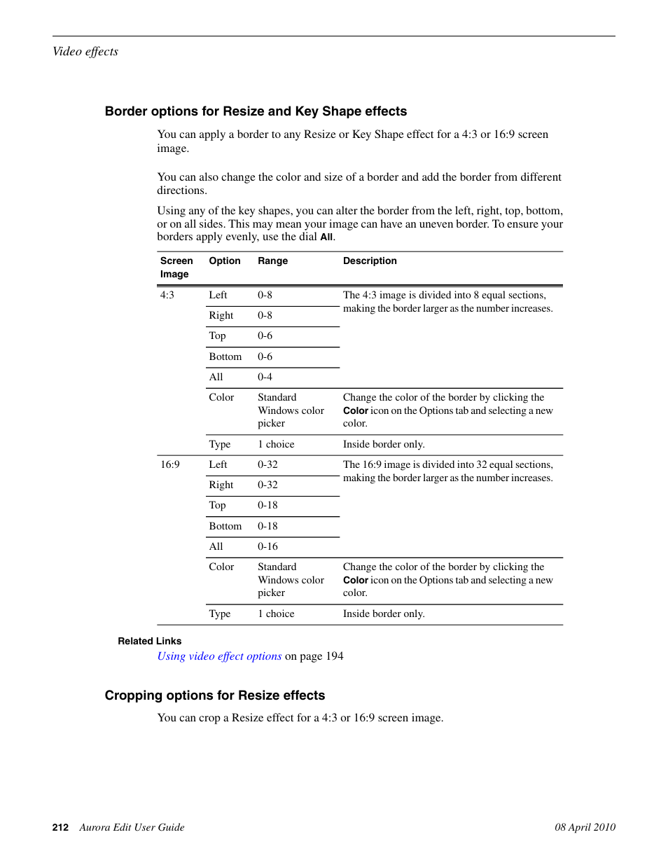 Border options for resize and key shape effects, Cropping options for resize effects | Grass Valley Aurora Edit v.7.0 User Manual | Page 212 / 280
