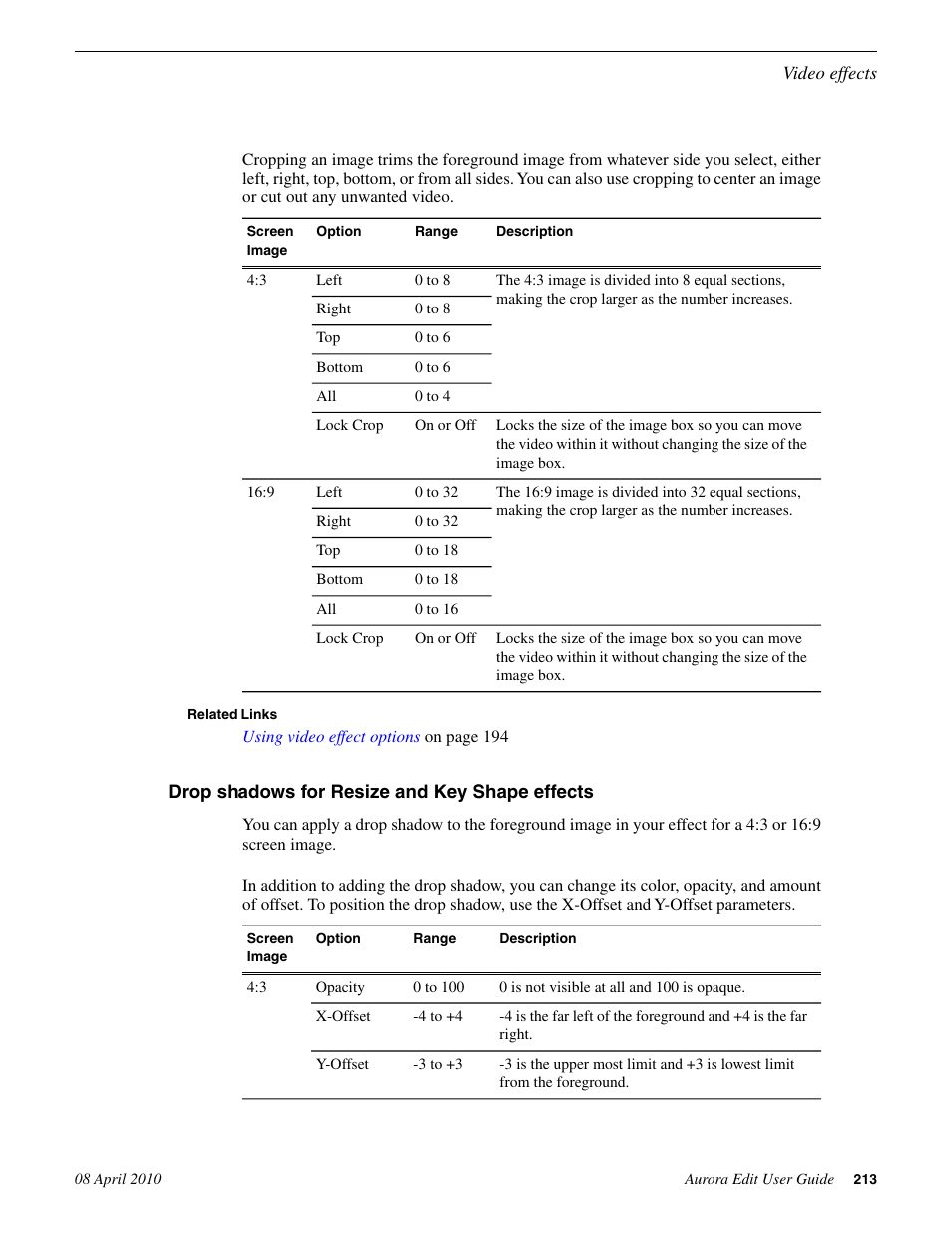 Drop shadows for resize and key shape effects | Grass Valley Aurora Edit v.7.0 User Manual | Page 213 / 280