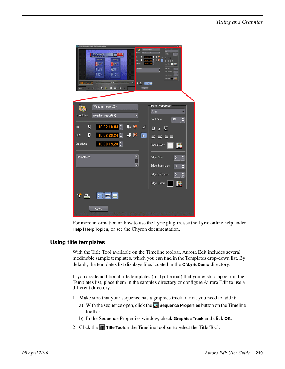 Using title templates | Grass Valley Aurora Edit v.7.0 User Manual | Page 219 / 280