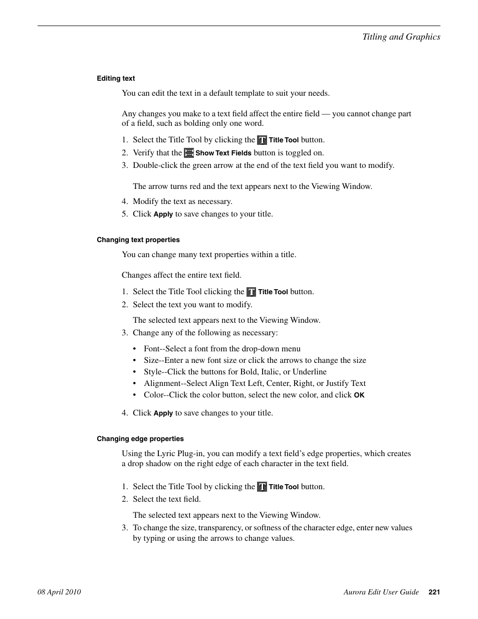 Editing text, Changing text properties, Changing edge properties | Grass Valley Aurora Edit v.7.0 User Manual | Page 221 / 280