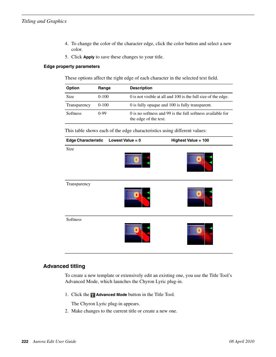 Edge property parameters, Advanced titling | Grass Valley Aurora Edit v.7.0 User Manual | Page 222 / 280