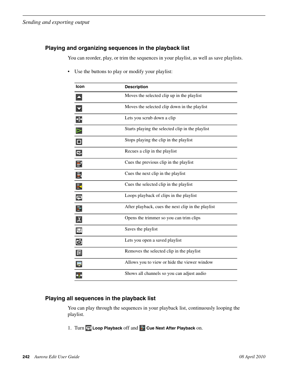 Playing all sequences in the playback list | Grass Valley Aurora Edit v.7.0 User Manual | Page 242 / 280