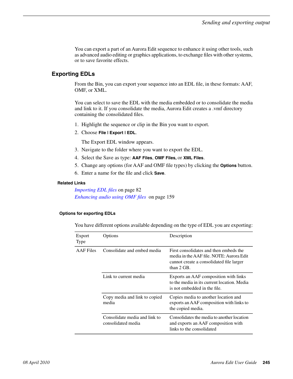 Exporting edls, Options for exporting edls | Grass Valley Aurora Edit v.7.0 User Manual | Page 245 / 280