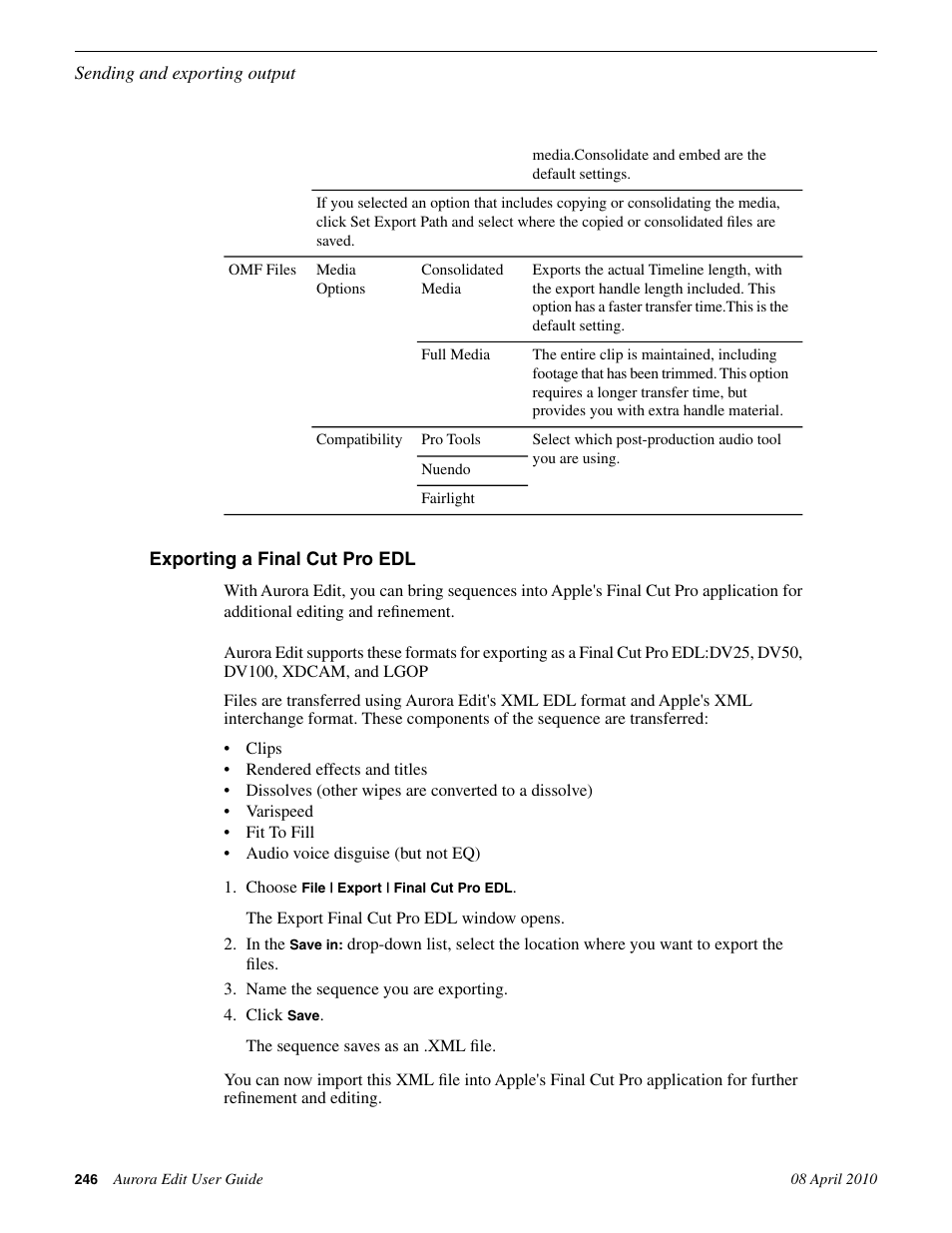 Exporting a final cut pro edl | Grass Valley Aurora Edit v.7.0 User Manual | Page 246 / 280