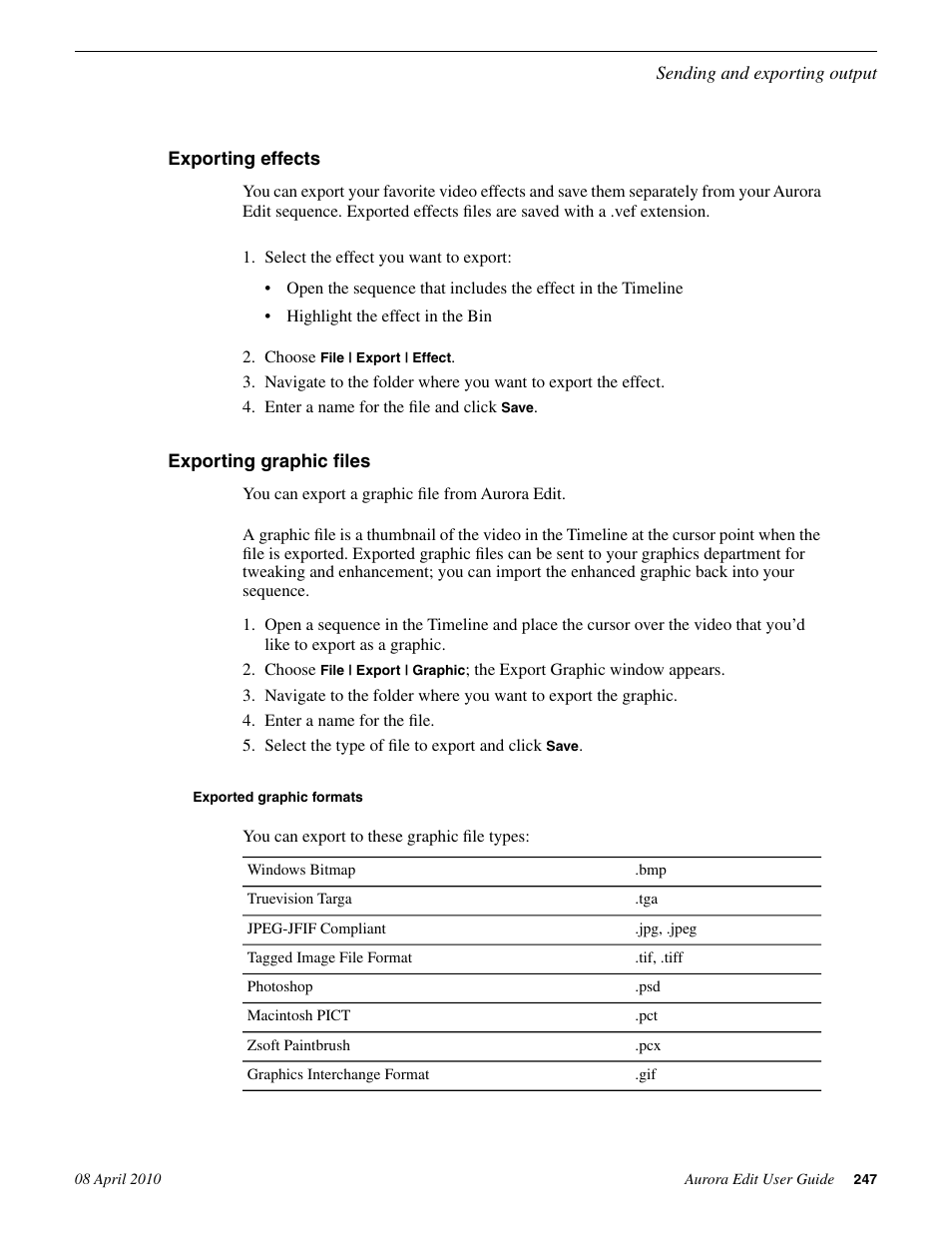 Exporting effects, Exporting graphic files, Exported graphic formats | Exporting effects exporting graphic files | Grass Valley Aurora Edit v.7.0 User Manual | Page 247 / 280
