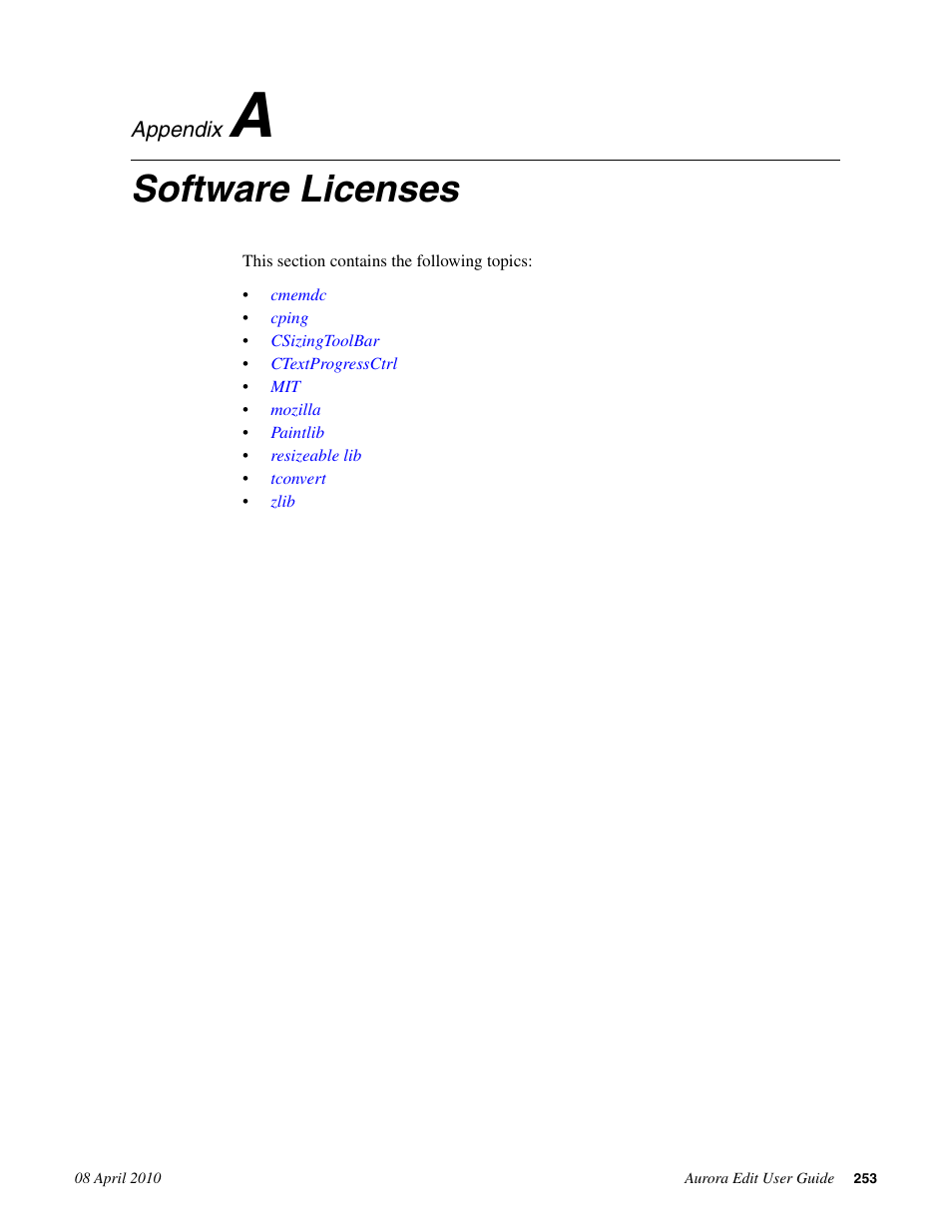 Software licenses, Appendix a: software licenses | Grass Valley Aurora Edit v.7.0 User Manual | Page 253 / 280