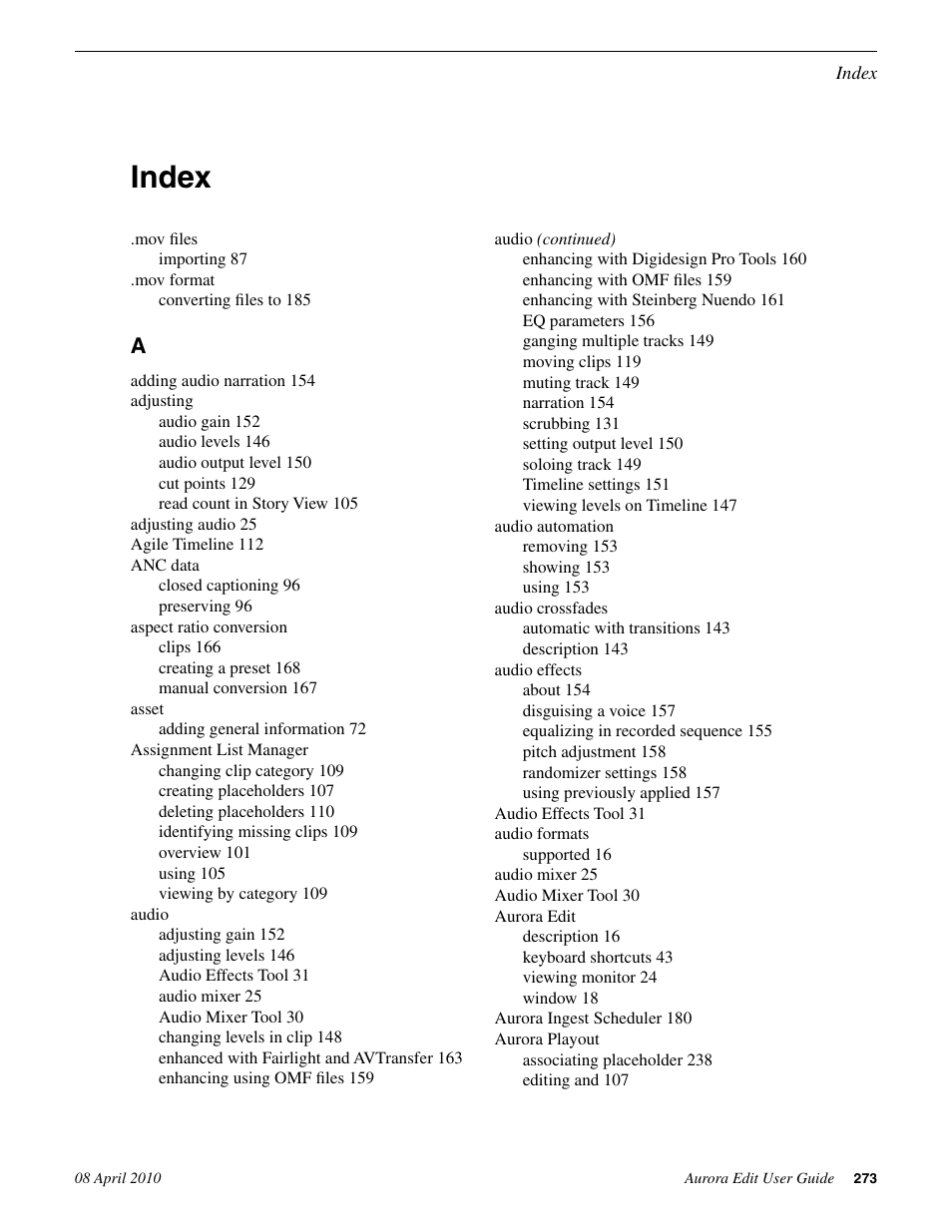 Index | Grass Valley Aurora Edit v.7.0 User Manual | Page 273 / 280