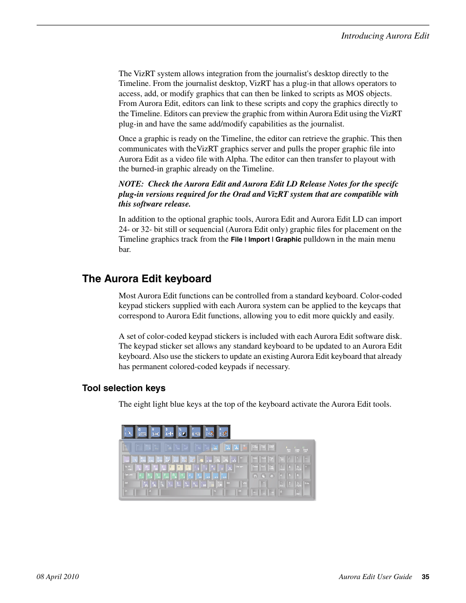 The aurora edit keyboard, Tool selection keys | Grass Valley Aurora Edit v.7.0 User Manual | Page 35 / 280