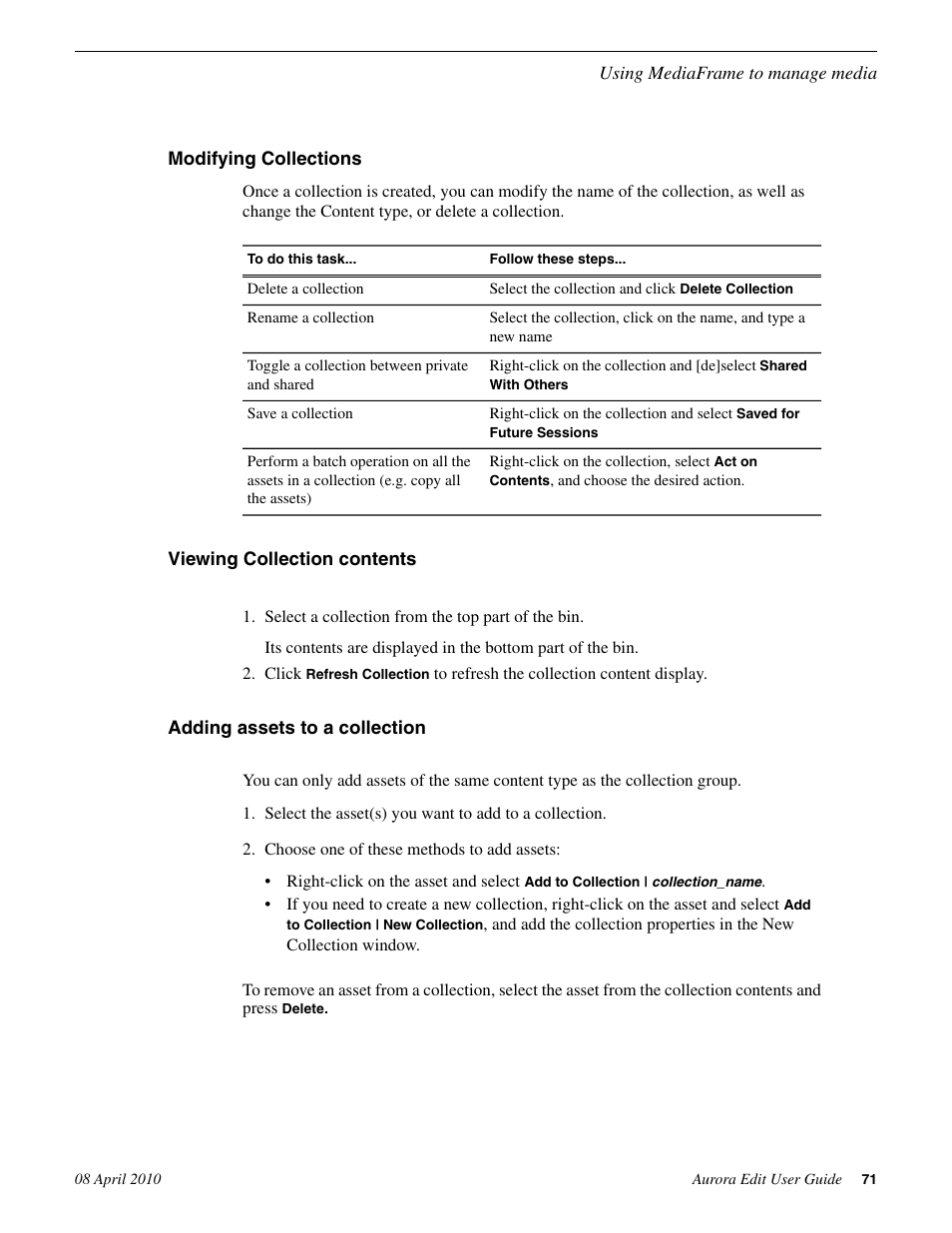 Modifying collections, Viewing collection contents, Adding assets to a collection | Grass Valley Aurora Edit v.7.0 User Manual | Page 71 / 280