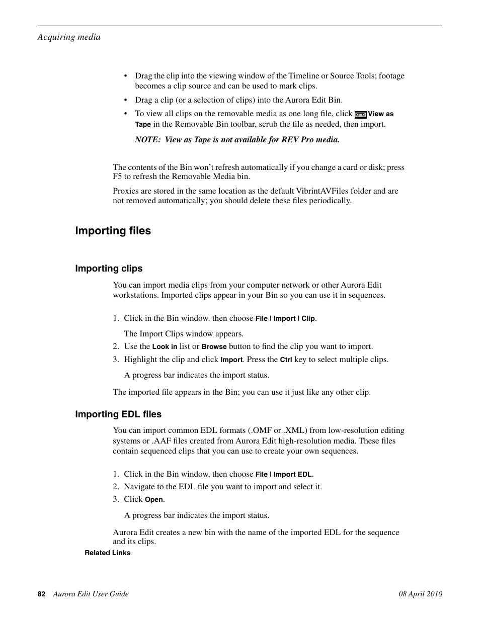 Importing files, Importing clips, Importing edl files | Grass Valley Aurora Edit v.7.0 User Manual | Page 82 / 280