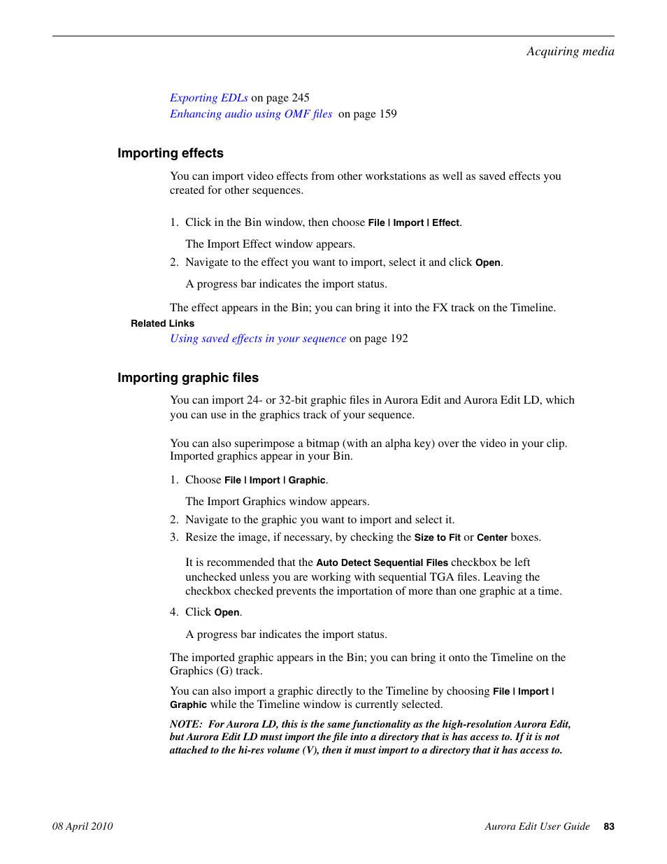 Importing effects, Importing graphic files, Importing effects importing graphic files | Grass Valley Aurora Edit v.7.0 User Manual | Page 83 / 280