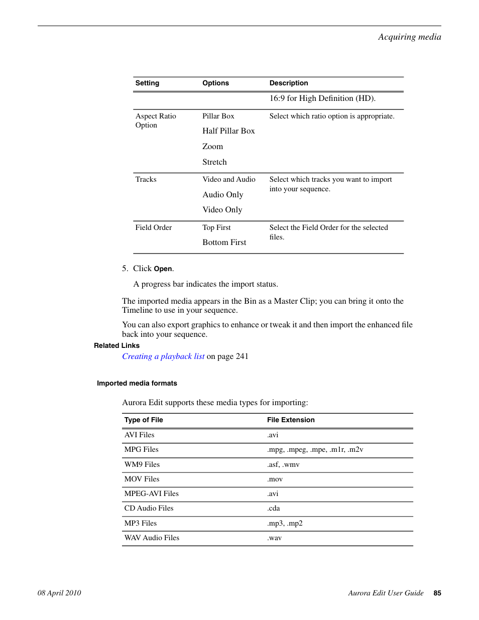 Imported media formats | Grass Valley Aurora Edit v.7.0 User Manual | Page 85 / 280