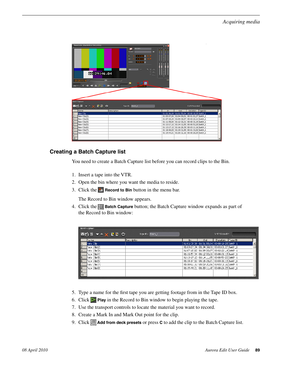 Creating a batch capture list | Grass Valley Aurora Edit v.7.0 User Manual | Page 89 / 280