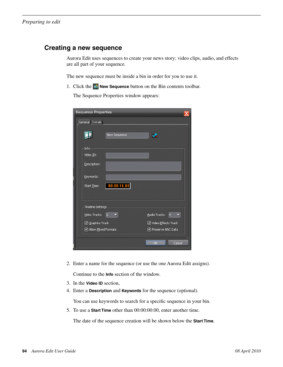 Creating a new sequence | Grass Valley Aurora Edit v.7.0 User Manual | Page 94 / 280