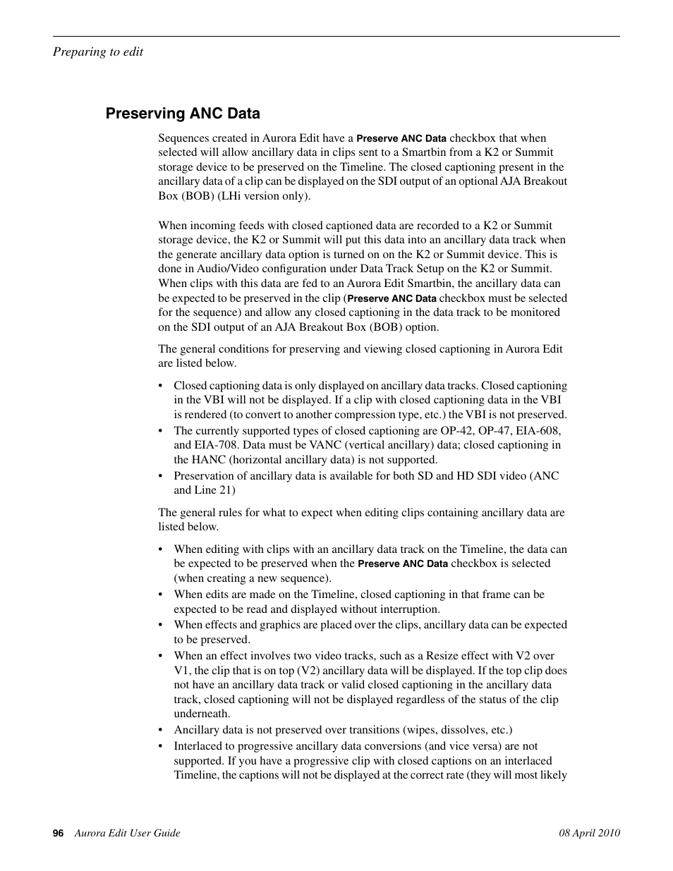 Preserving anc data | Grass Valley Aurora Edit v.7.0 User Manual | Page 96 / 280