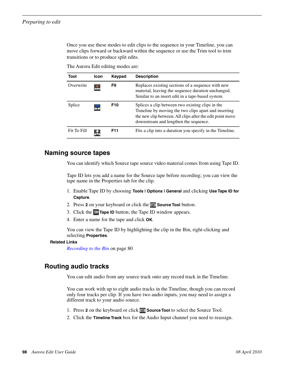 Naming source tapes, Routing audio tracks, Naming source tapes routing audio tracks | Grass Valley Aurora Edit v.7.0 User Manual | Page 98 / 280