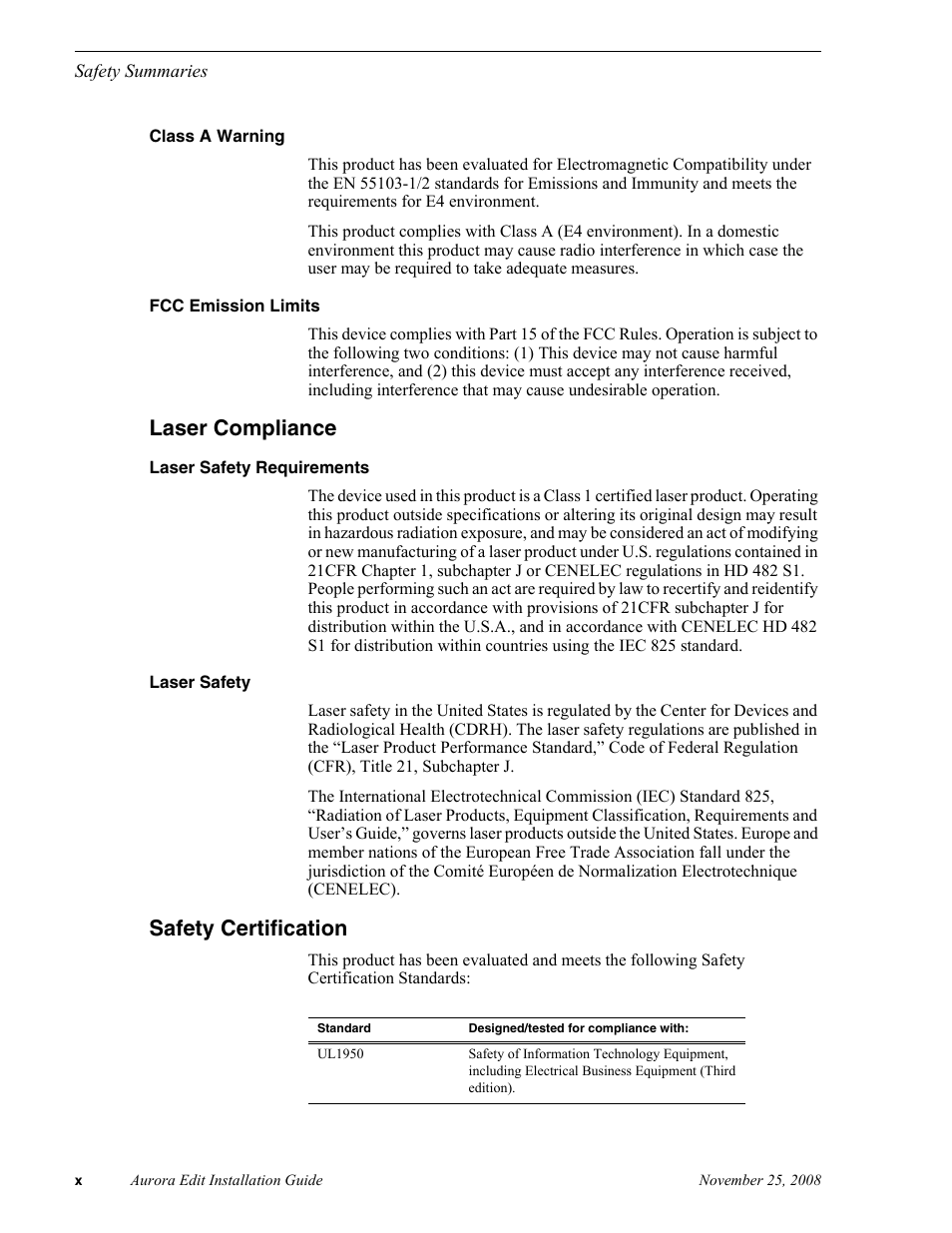Laser compliance, Safety certification | Grass Valley Aurora Edit LD v.6.5 Installation User Manual | Page 10 / 114