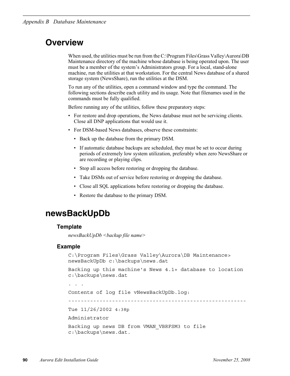 Overview, Newsbackupdb, Overview newsbackupdb | Grass Valley Aurora Edit LD v.6.5 Installation User Manual | Page 104 / 114