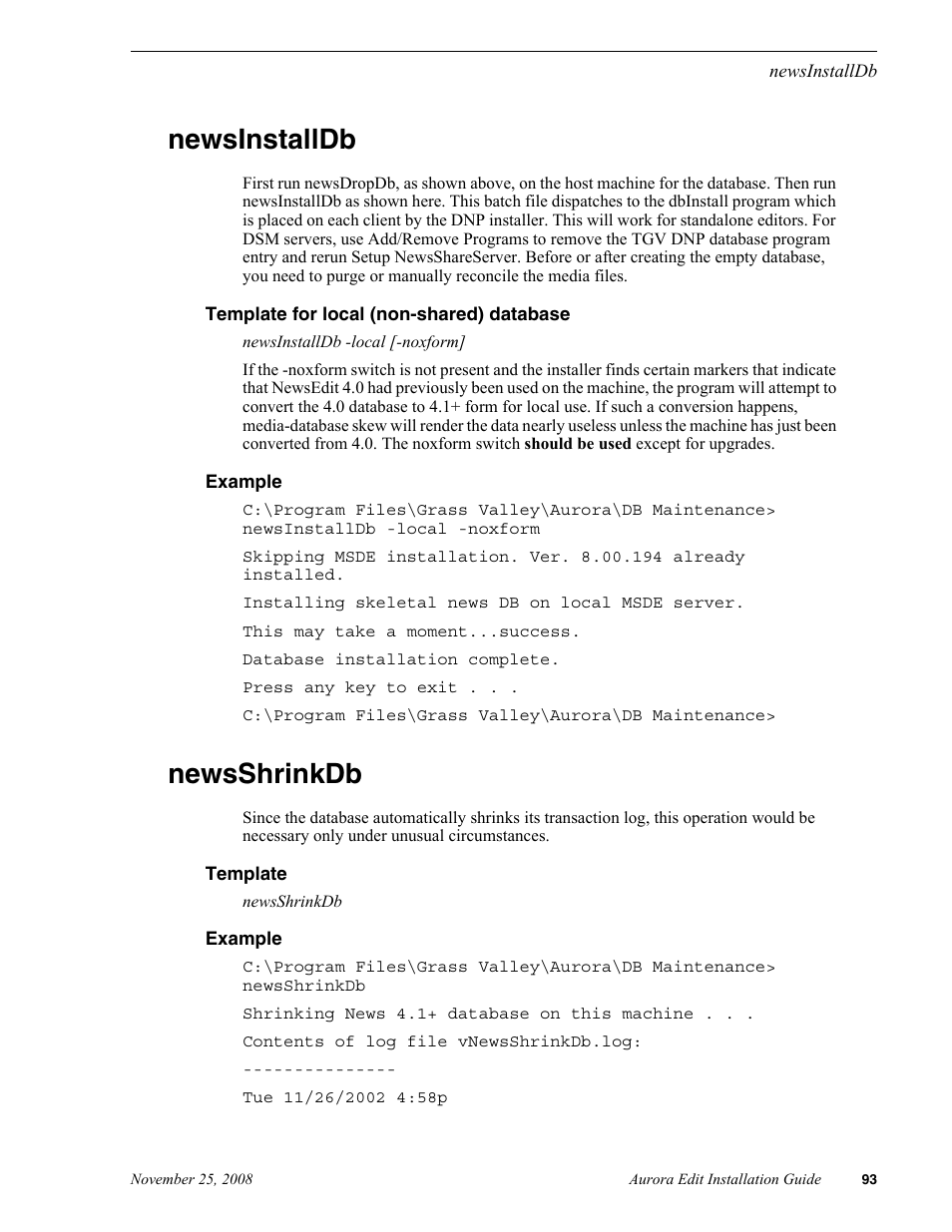 Newsinstalldb, Newsshrinkdb | Grass Valley Aurora Edit LD v.6.5 Installation User Manual | Page 107 / 114