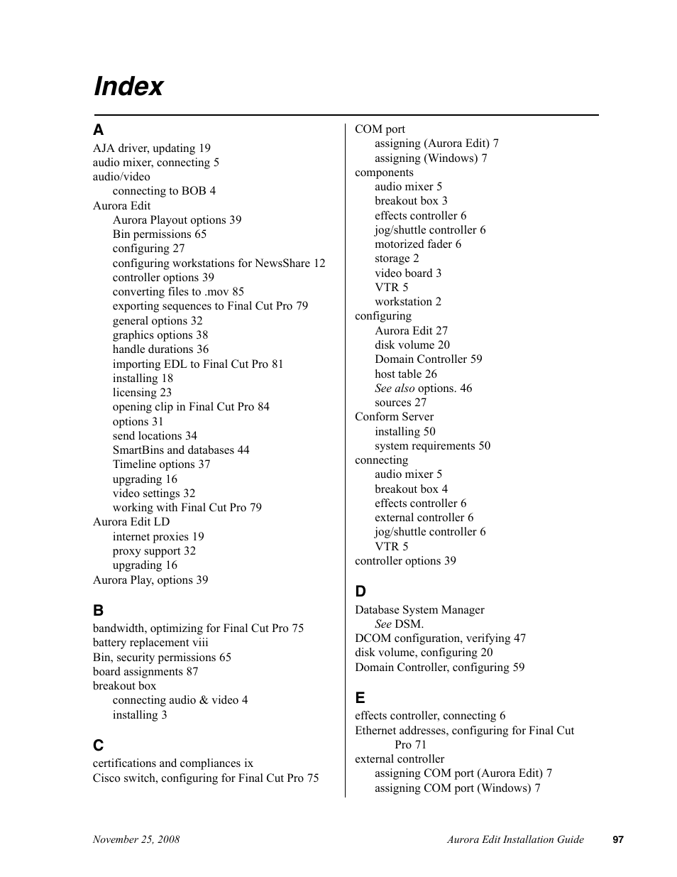 Index | Grass Valley Aurora Edit LD v.6.5 Installation User Manual | Page 111 / 114