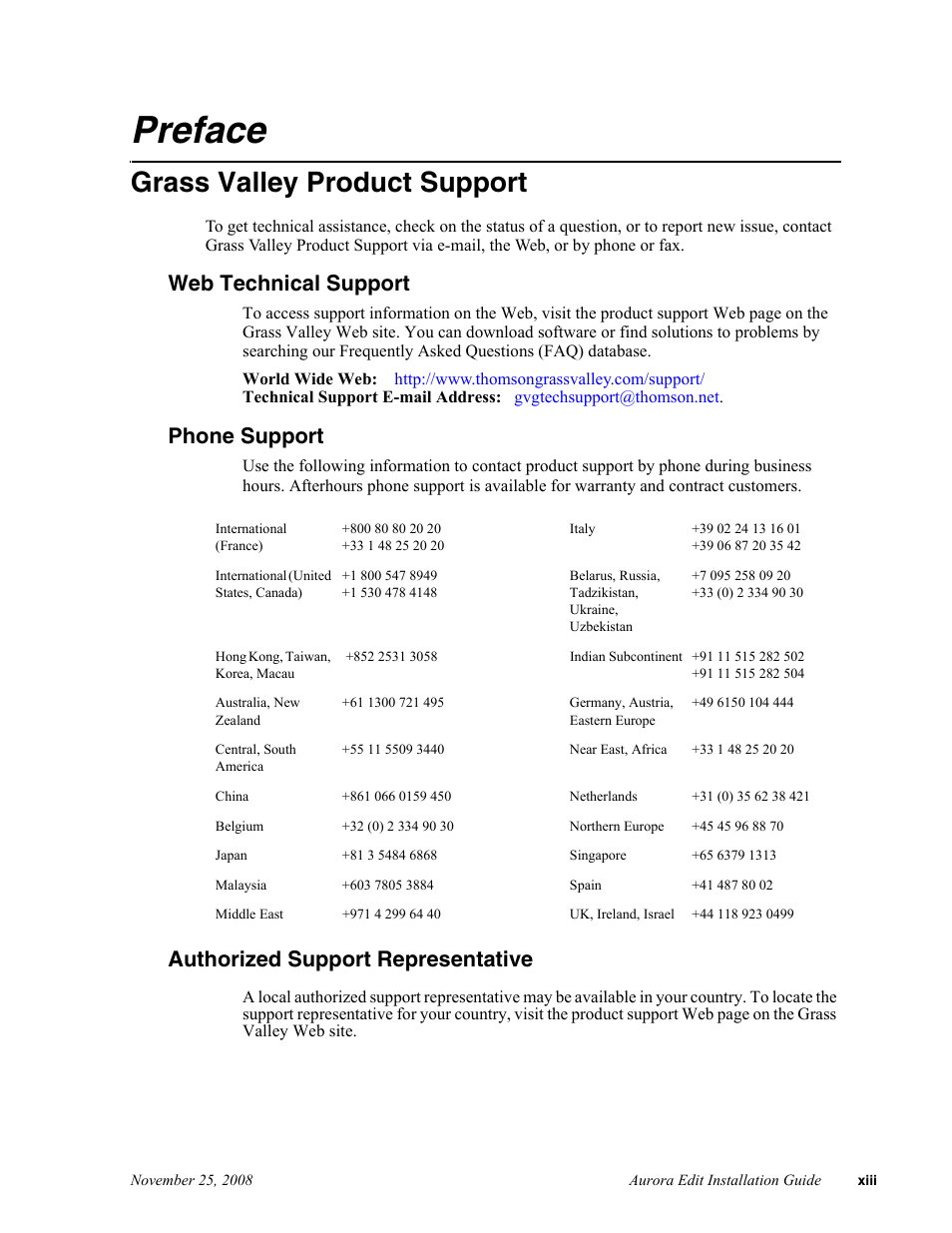 Preface, Grass valley product support, Web technical support | Phone support, Authorized support representative | Grass Valley Aurora Edit LD v.6.5 Installation User Manual | Page 13 / 114