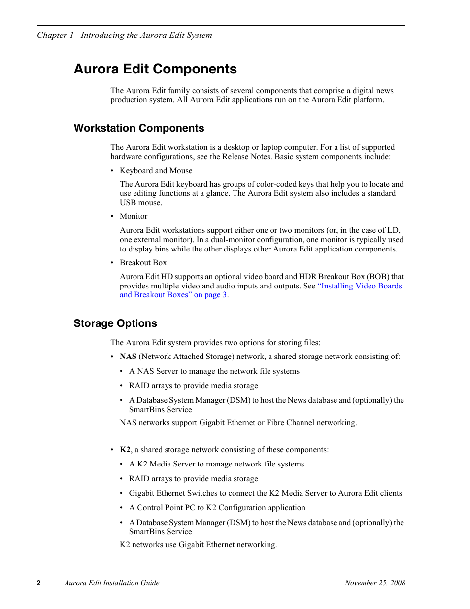 Aurora edit components, Workstation components, Storage options | Workstation components storage options | Grass Valley Aurora Edit LD v.6.5 Installation User Manual | Page 16 / 114