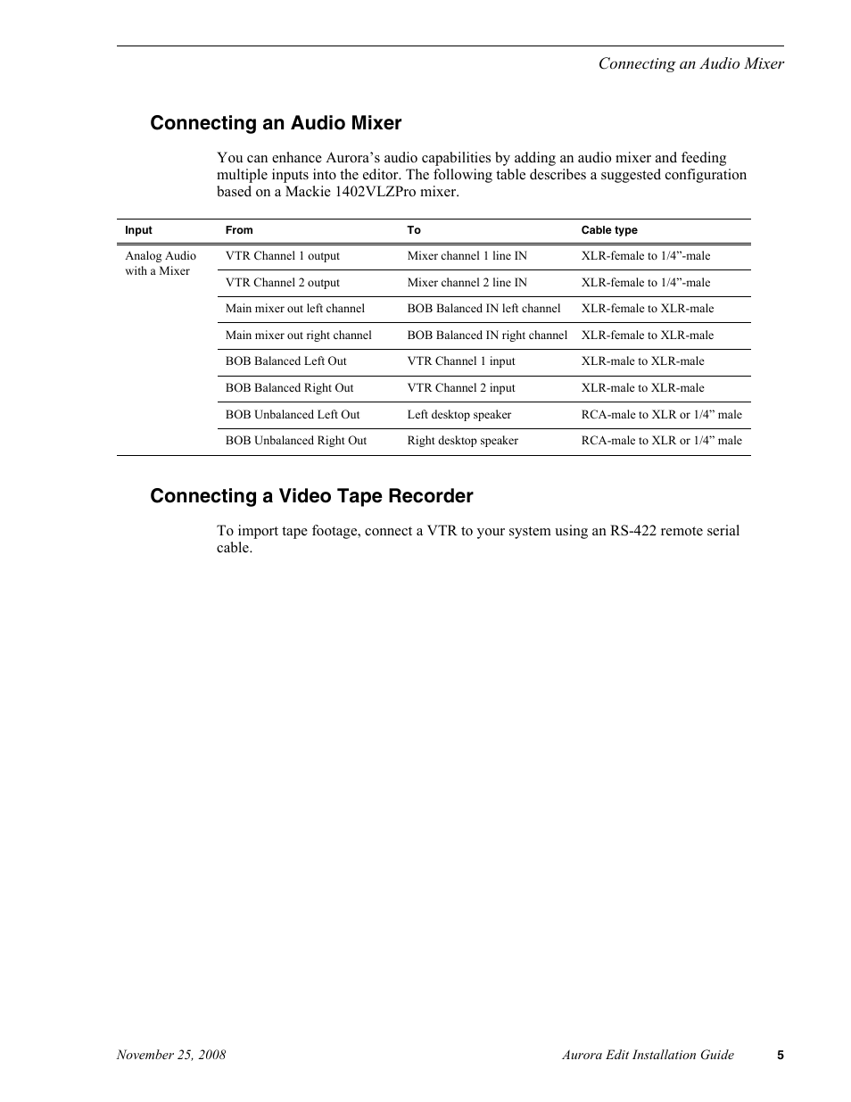 Connecting an audio mixer, Connecting a video tape recorder | Grass Valley Aurora Edit LD v.6.5 Installation User Manual | Page 19 / 114