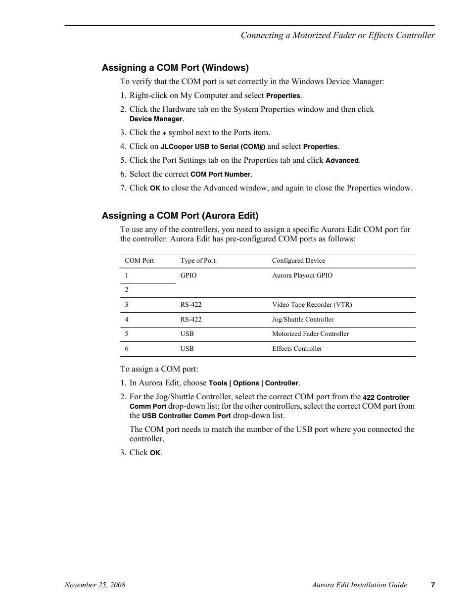 Assigning a com port (windows), Assigning a com port (aurora edit) | Grass Valley Aurora Edit LD v.6.5 Installation User Manual | Page 21 / 114