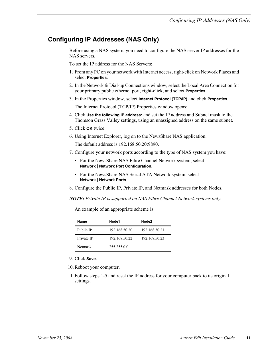 Configuring ip addresses (nas only) | Grass Valley Aurora Edit LD v.6.5 Installation User Manual | Page 25 / 114