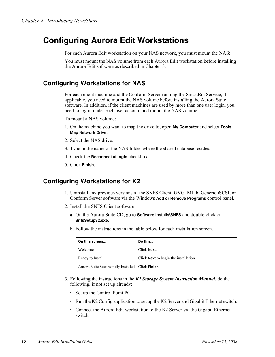 Configuring aurora edit workstations, Configuring workstations for nas, Configuring workstations for k2 | Grass Valley Aurora Edit LD v.6.5 Installation User Manual | Page 26 / 114